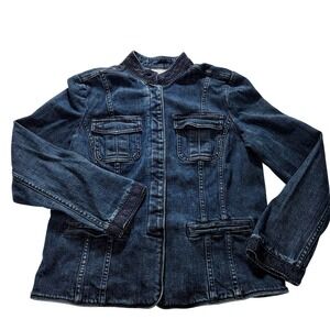 Charter Club Petite Denim Jacket Dark Wash Cropped Embroidered‎ Trim P/S